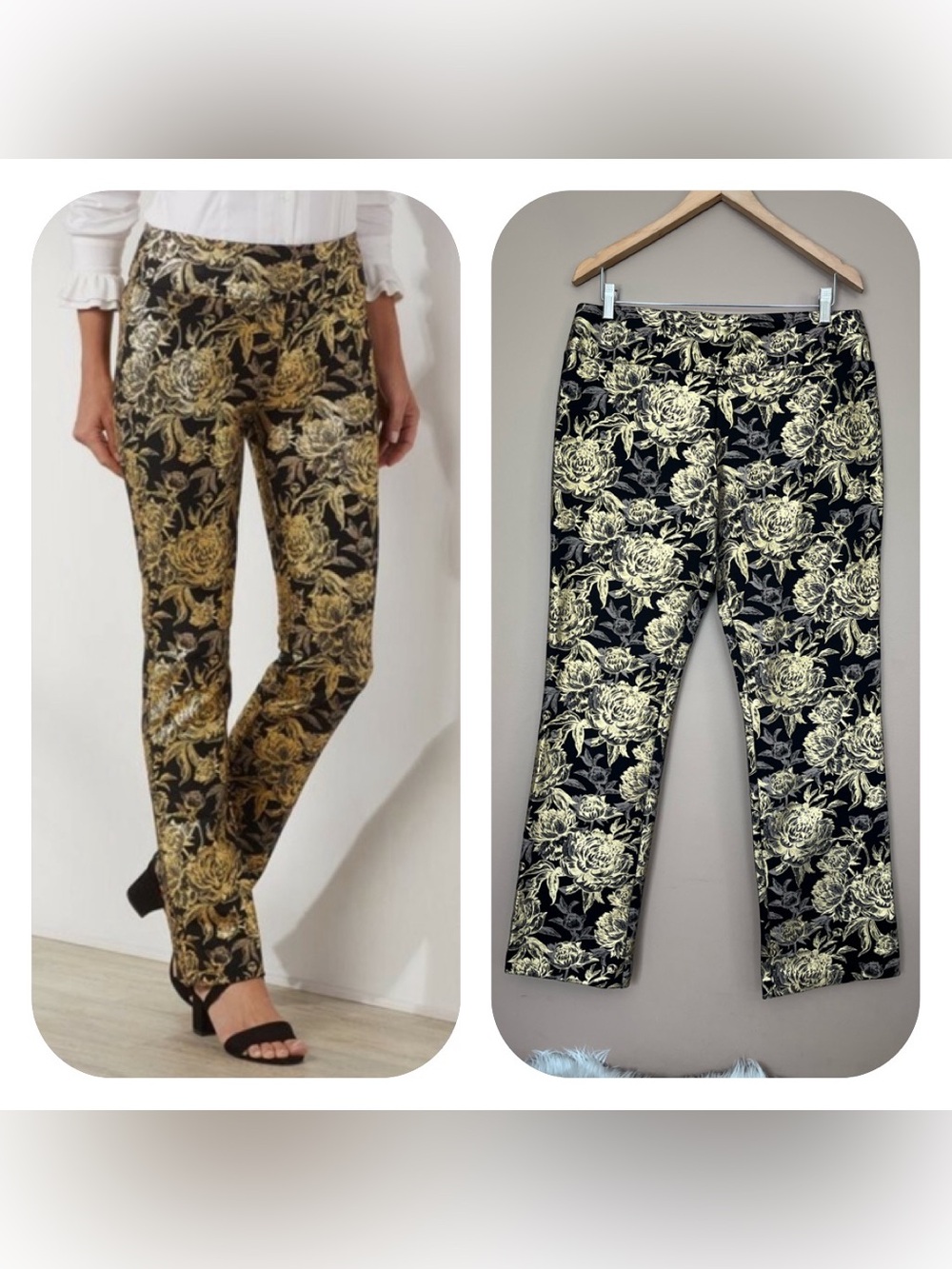 {Soft Surroundings} Moonstruck Ponte Mini Boot Leg Gold Foil Floral Print Pants